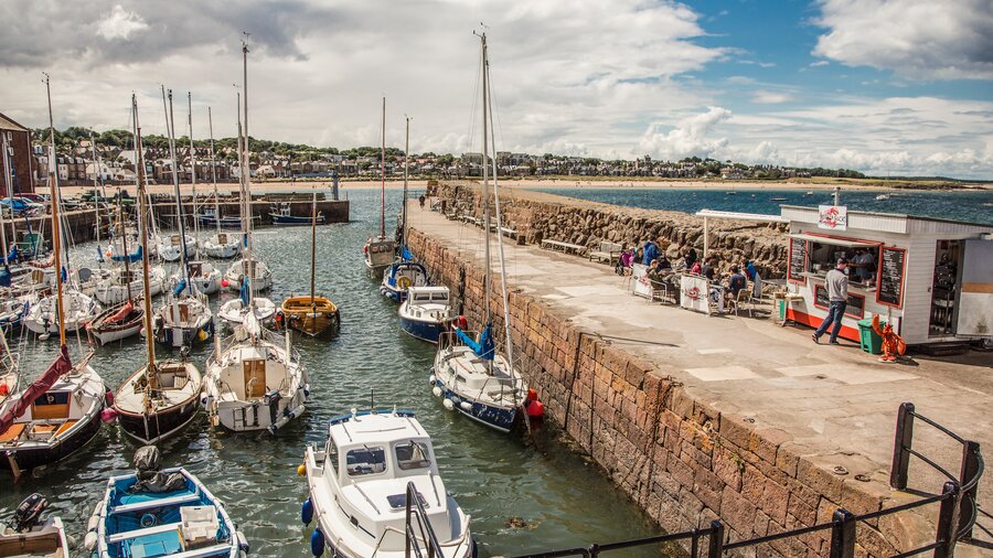 Lobster Shack at North Berwick Harbour - Boats in North Berwick Harbour with The Lobster Shack on the harbour wall (© Visit Scotland)