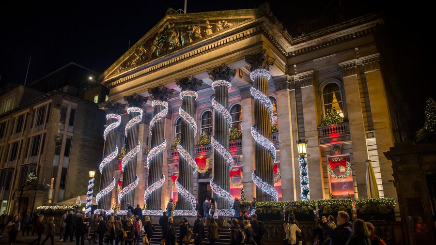The Dome - The Dome at Christmas, with Christmas lights adorning the entrance pillars (© Visit Scotland)